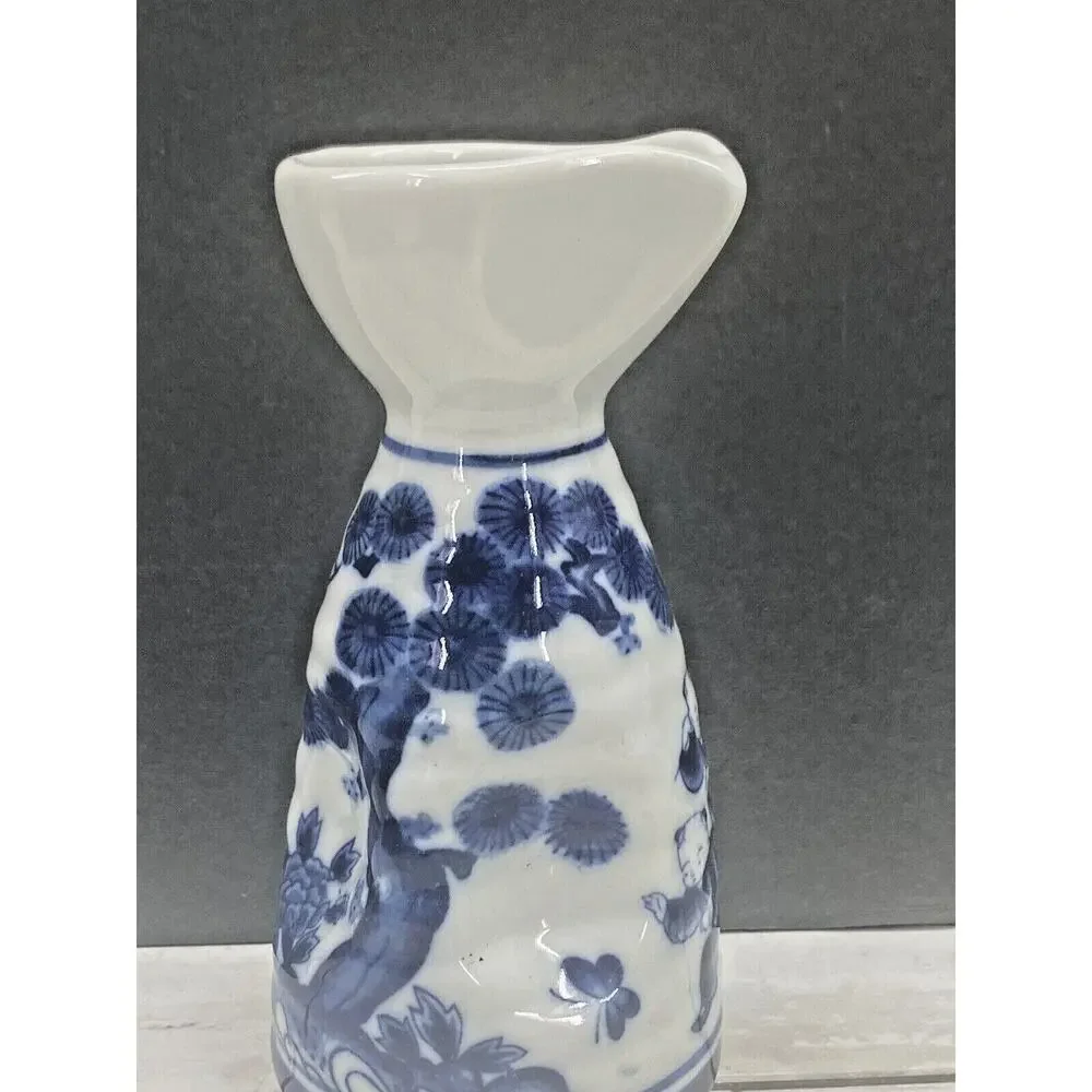 Small Antique Japanese Blue and White Porcelain Sakura Tree Sake Bottle